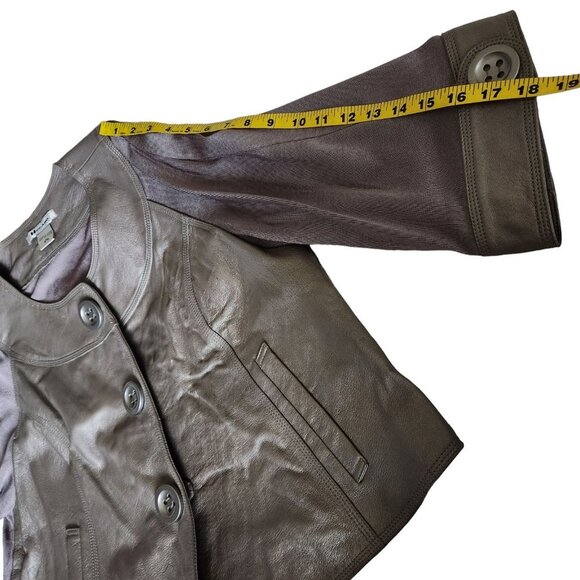 Nygard Jacket Pewter Leather Front Trim Collarless‎ Knit Back 3/4 Sleeves Size L - Picture 16 of 16